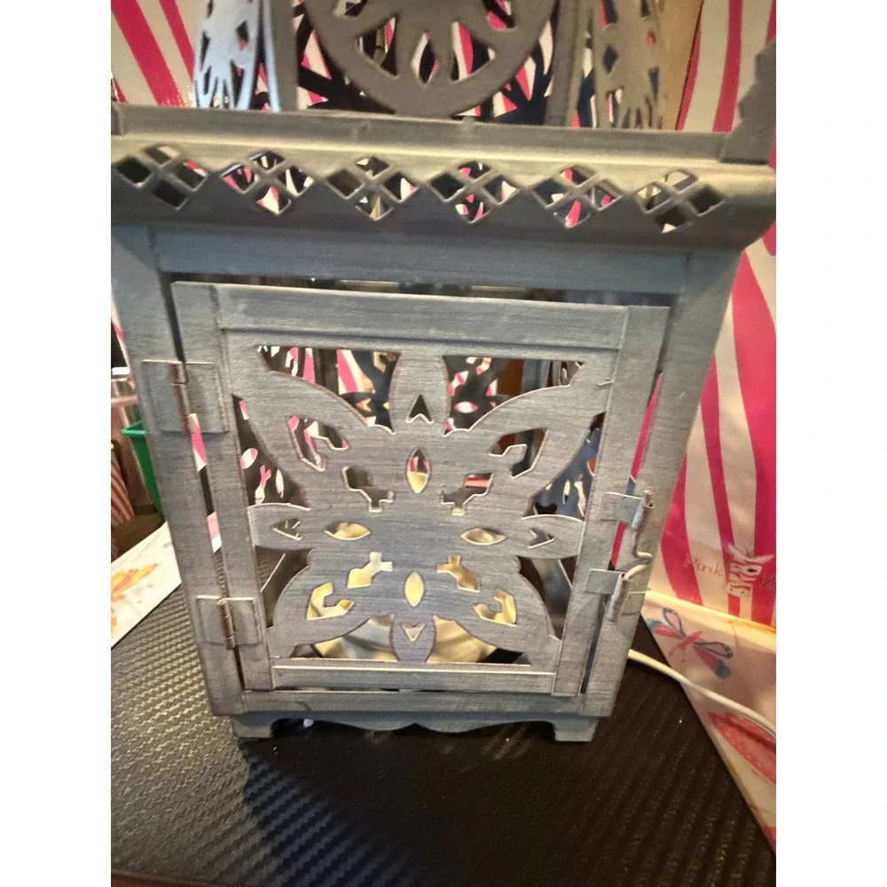 Pink Zebra Simmering Light Lantern Distressed Gray Metal Floral Butterfly 14in